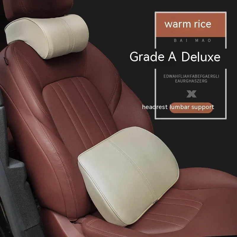 Memory foam car headrest and lumbar support pillow in leather with cotton filler