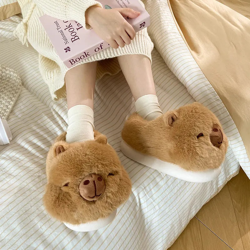 Light brown women's winter slippers with plush upper and artificial wool lining
