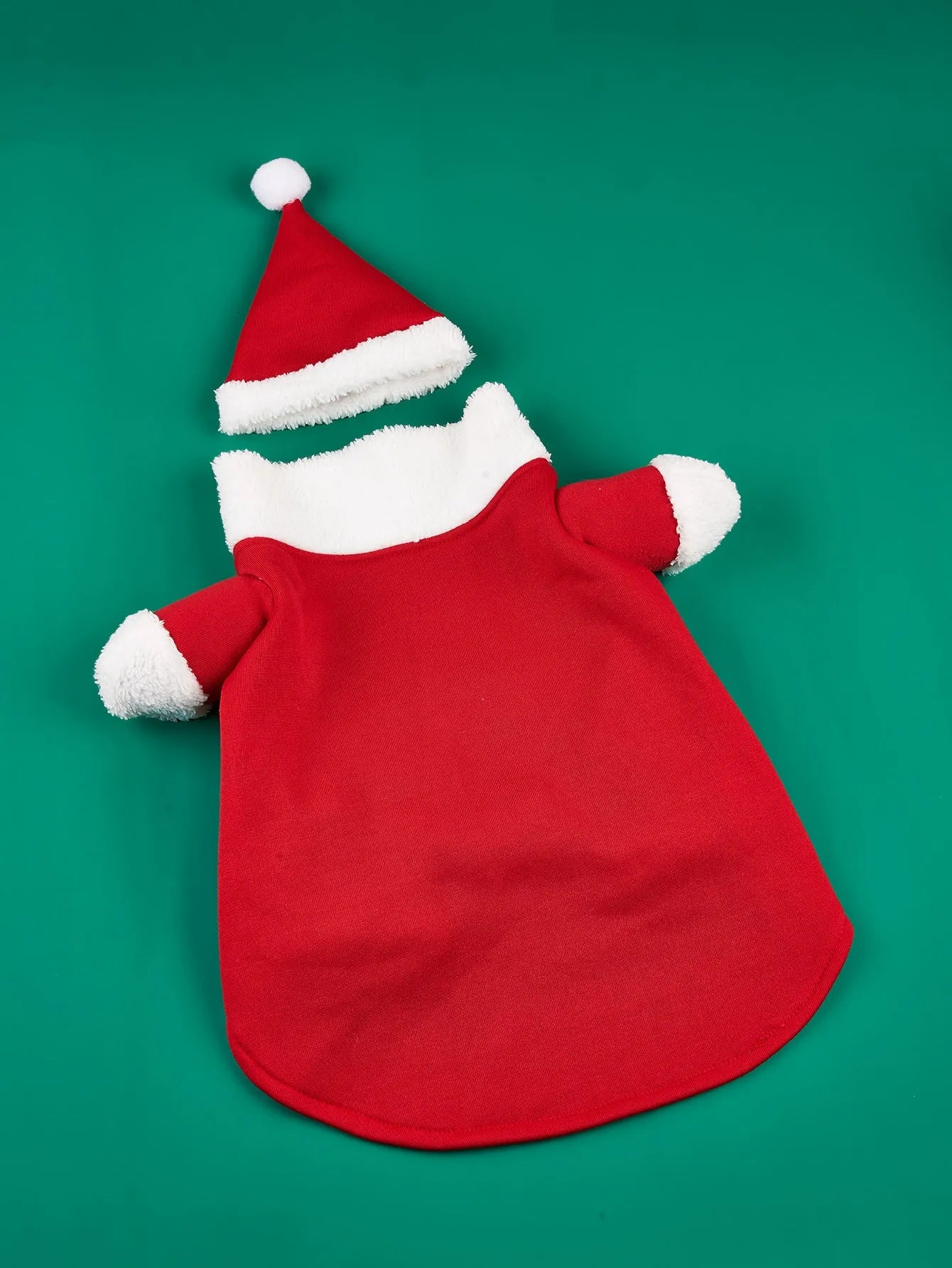 Red Christmas pet costume with cap for small dogs, polyester cartoon style, sizes XS to XL