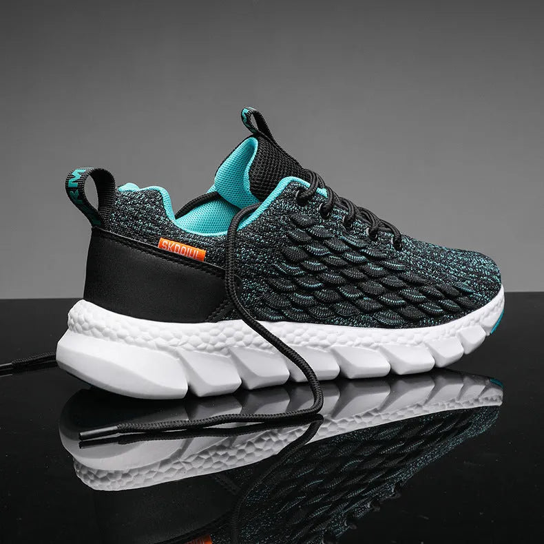 Men's casual sports flying knit single shoe in blue, black, grey or black and white, sizes 39-44
