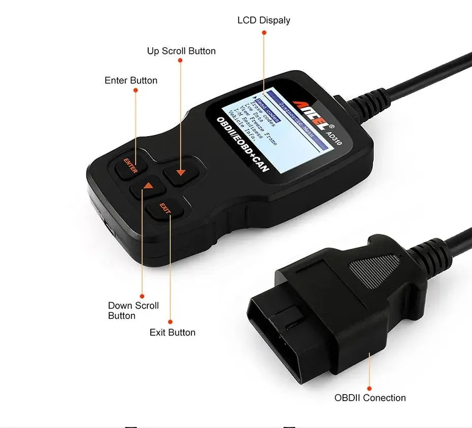 Black universal OBD2 car diagnostic code reader and instruction manual for engine fault detection.