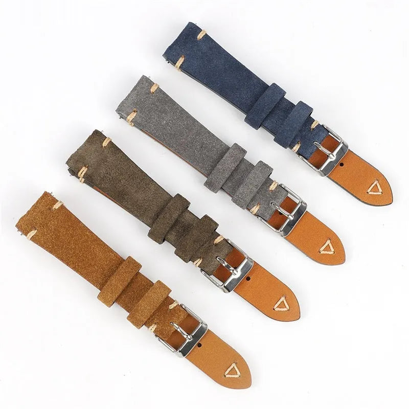 Suede genuine leather watch strap in brown, blue, grey, and Army Green colours for 20mm and 22mm watches