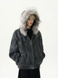 Men's hooded cotton-padded coat with large fur collar in black, short length, polyester fill
