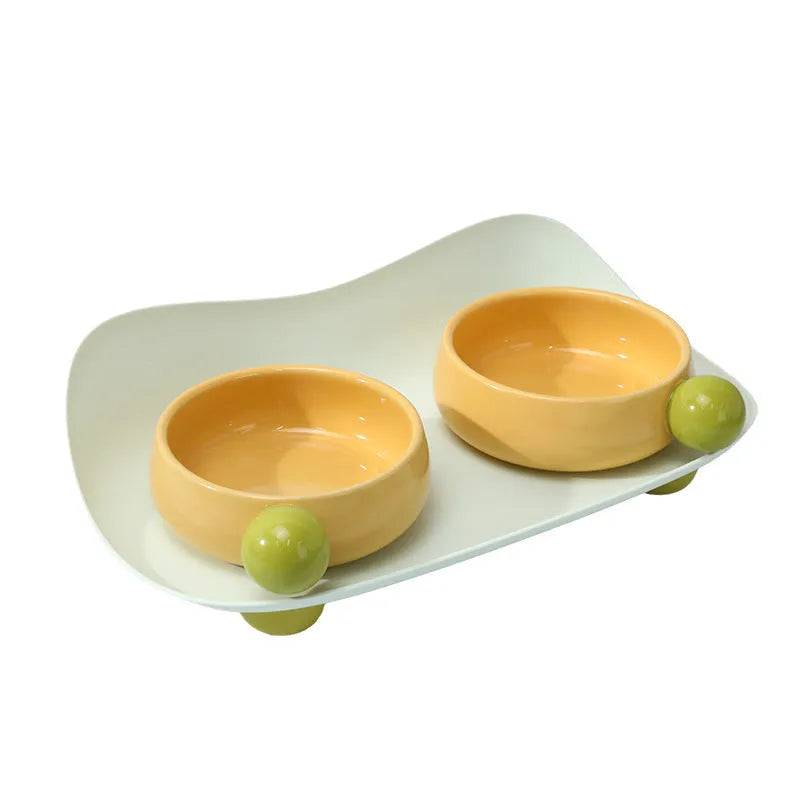 Ceramic raised pet bowl set with two bowls on non-slip base for cat food and water