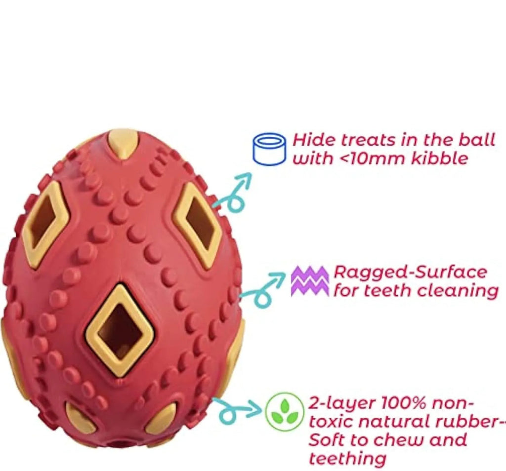 Egg-shaped puppy teething chew toy with hollow treat centre, ragged surface, purple or red, for small dogs.