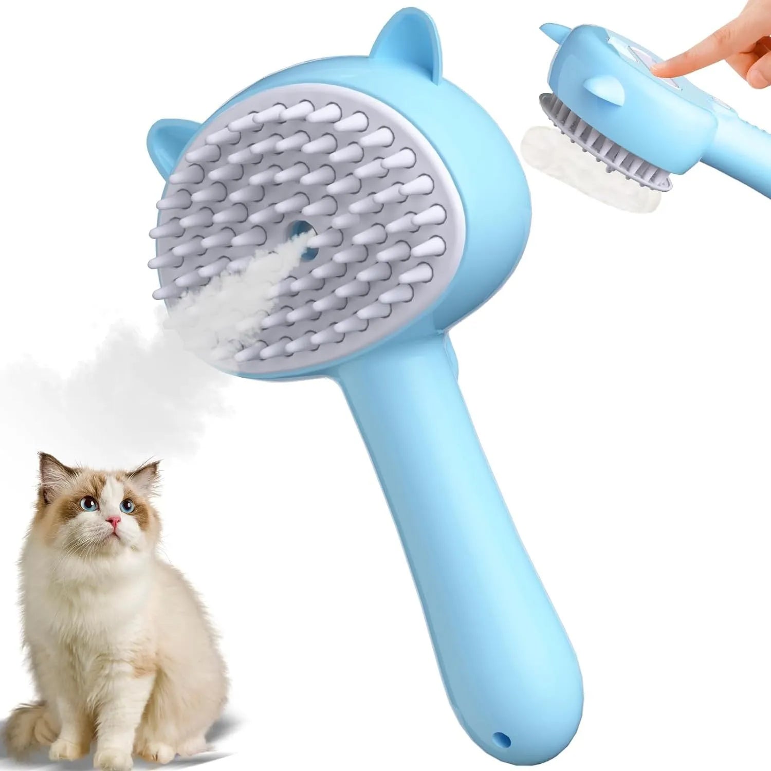Cat steam brush with ergonomic handle and release button in blue colour option