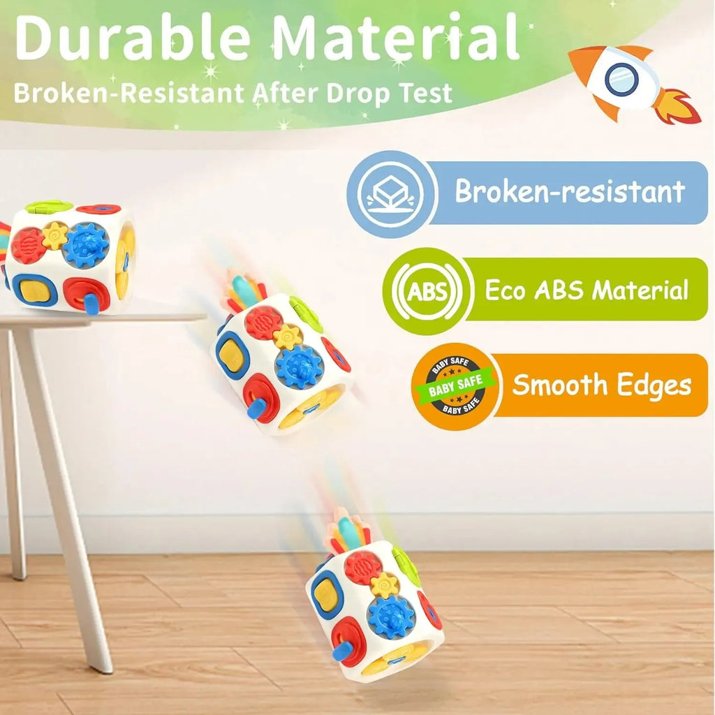 9-in-1 busy cube baby toddler toy, plastic Montessori sensory fidget busy board, 12.5 x 10 x 11cm