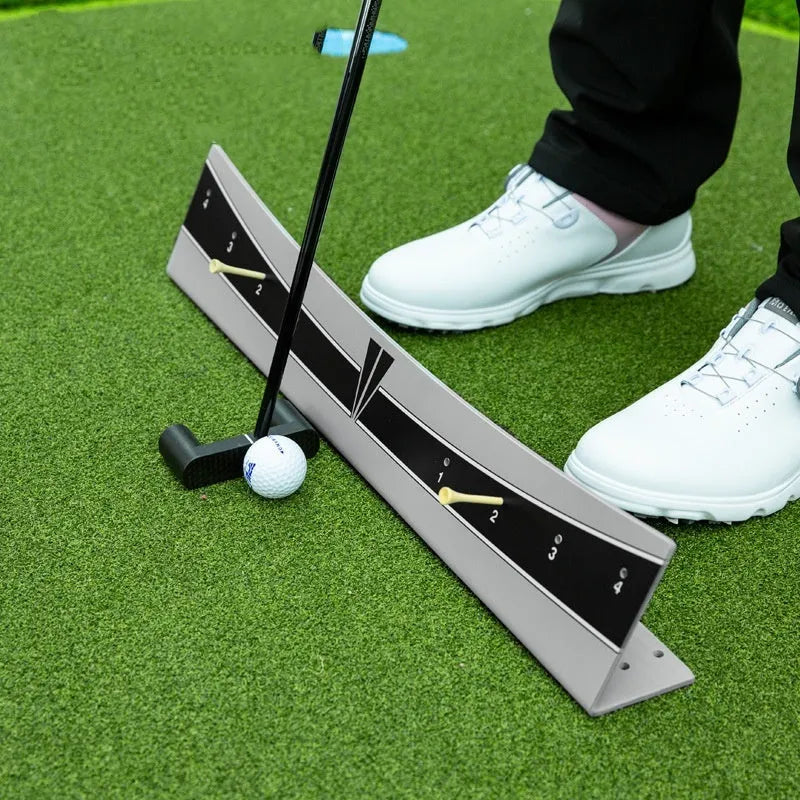 Golf putter trajectory balance simulator with adjustable push rod training aid