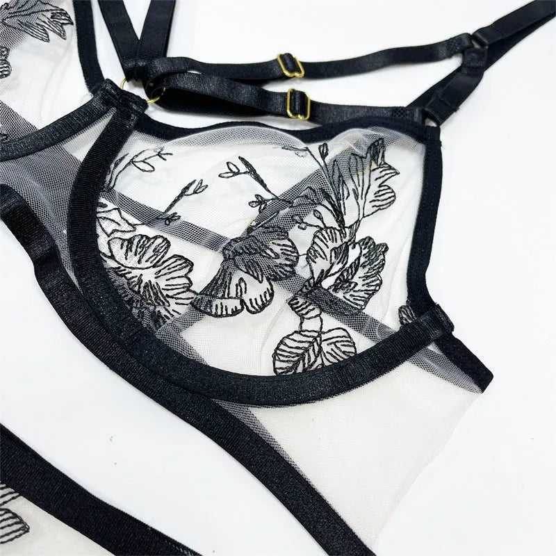 Black lace mesh three-piece set with floral print including top, pants and waist ring