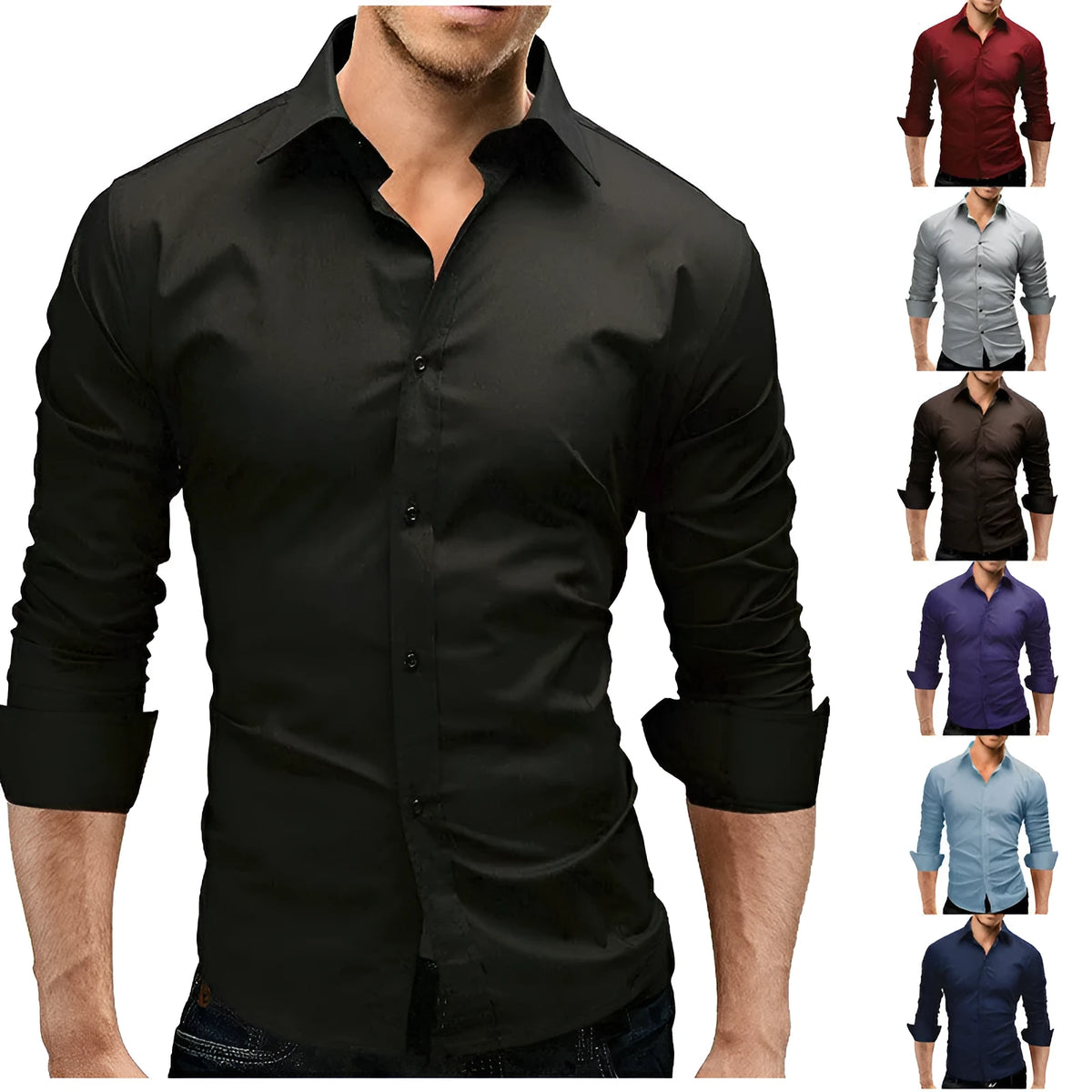 Men's slim fit long sleeve solid colour formal shirt in white, black, red and blue, sizes M-5XL