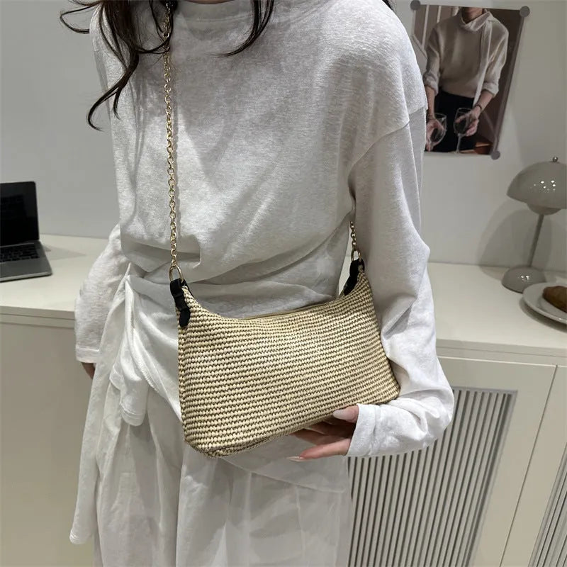Straw woven square shoulder tote bag with polyester lining and phone compartment in khaki colour