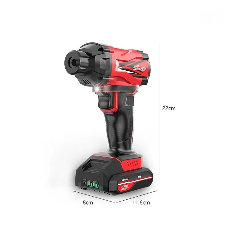 Red and black wireless car air pump with digital display, power cable, and multiple nozzle attachments