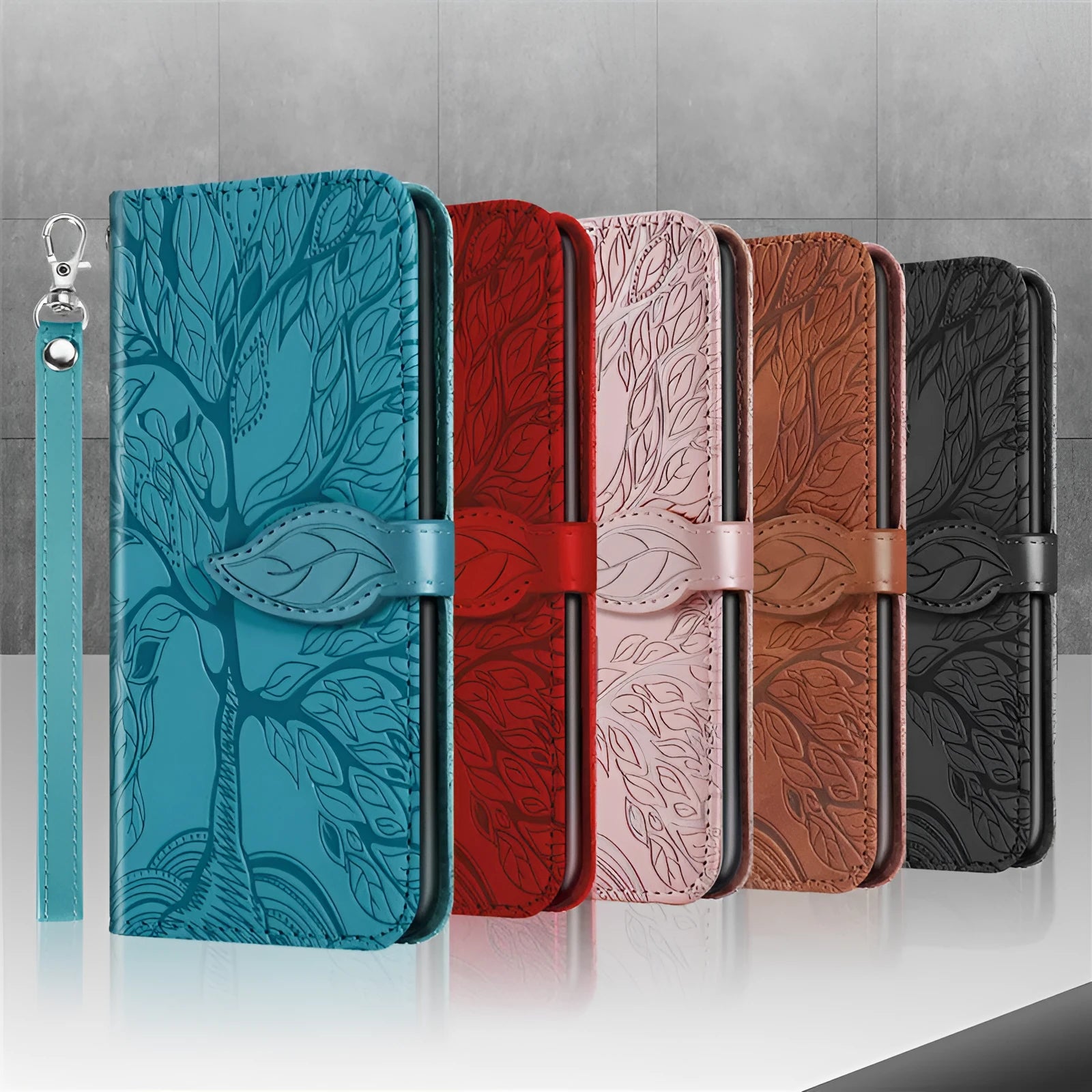 Flip retro lucky tree embossed leather phone case for Samsung with protective kickstand in Lake Blue colour