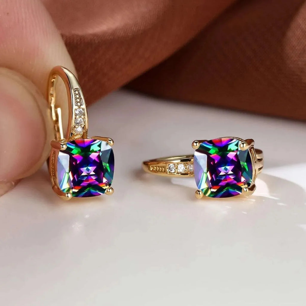 Square geometric moissanite ear clips with colourful stone inlay and electroplated finish