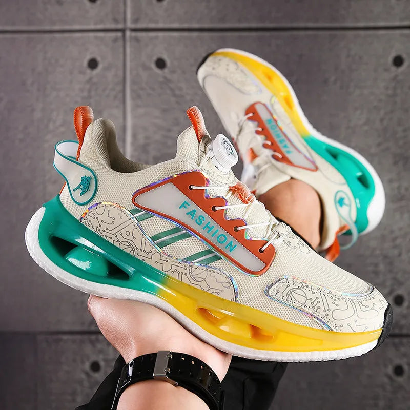 Men's low-top mesh running shoes with elastic band and popcorn TPU sole in multiple colour options