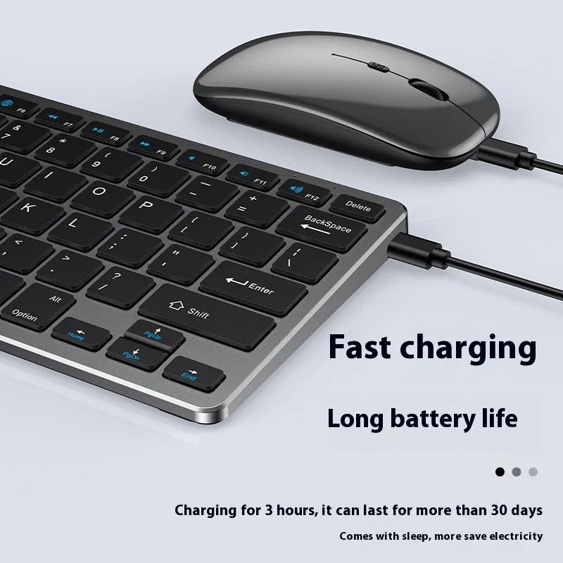 Ultra-thin wireless keyboard and mouse combo in black, gun colour, or silver with USB receiver and protective cover.