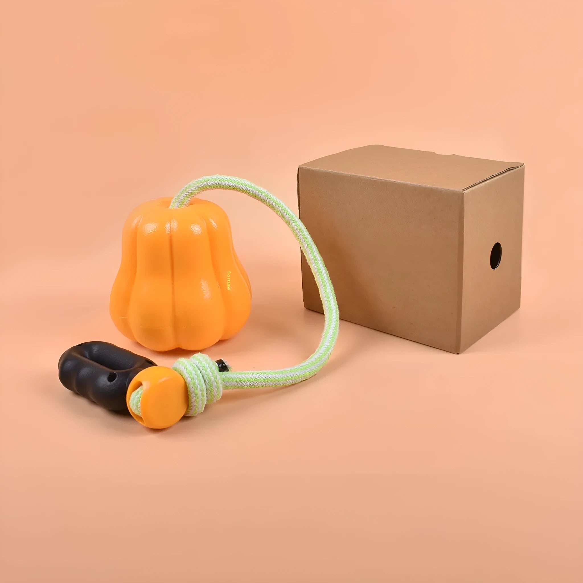 Orange pumpkin design plastic dog toy with rope attachment for long throws