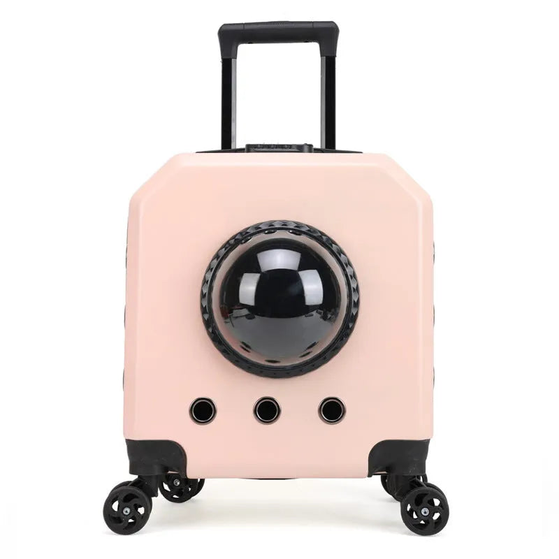 Hard PVC pet flight trolley case in orange, pink, white, or burgundy for small pet transport.