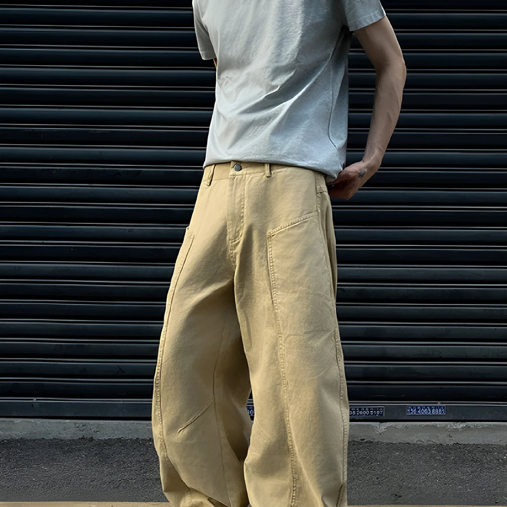 Men's straight-leg cotton trousers in solid khaki colour showing front view