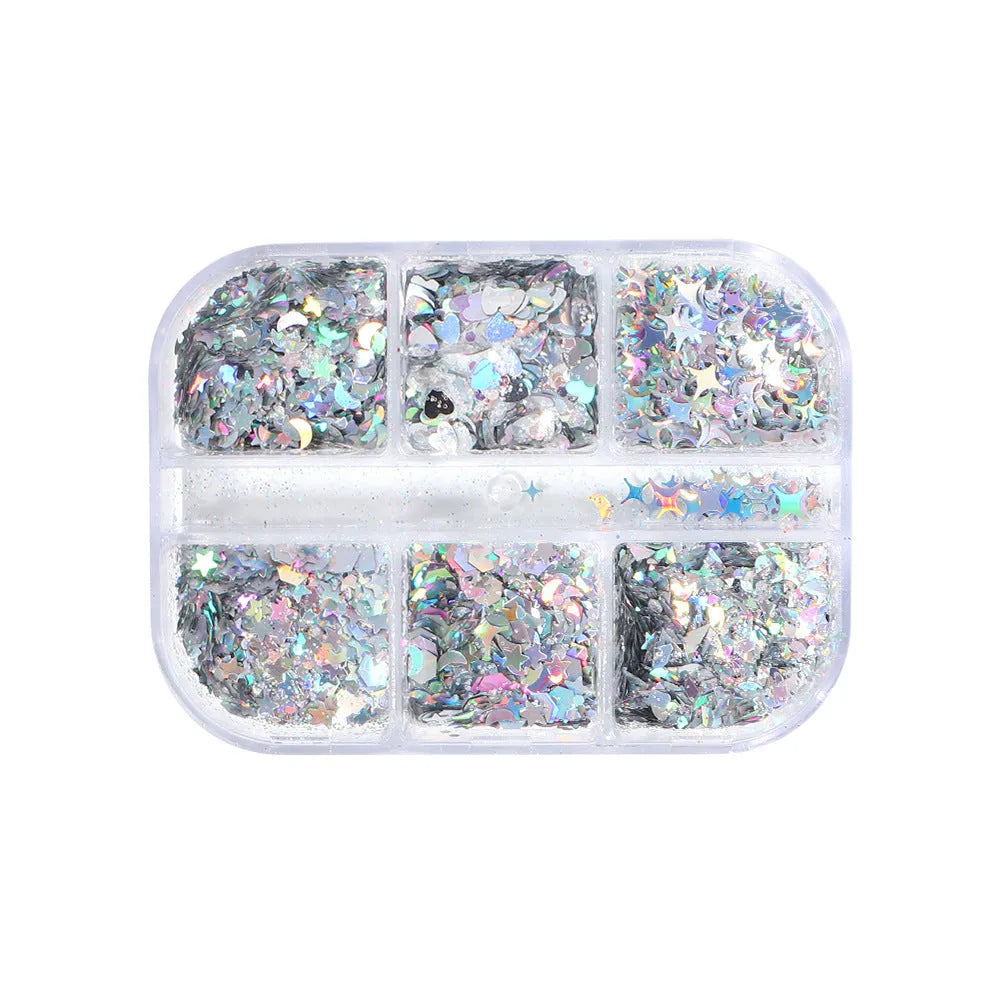 Gold and silver laser irregular nail glitter sequins in a six-grid box with 8g net content for nail art