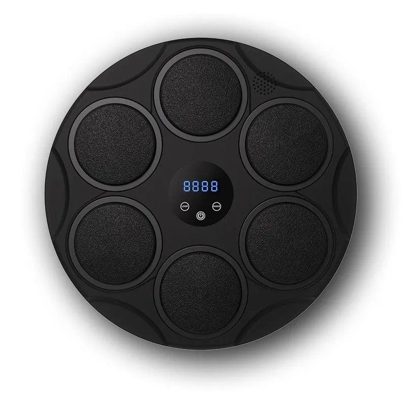 Black smart Bluetooth boxing target with coloured LED lights mounted on wall for fitness training