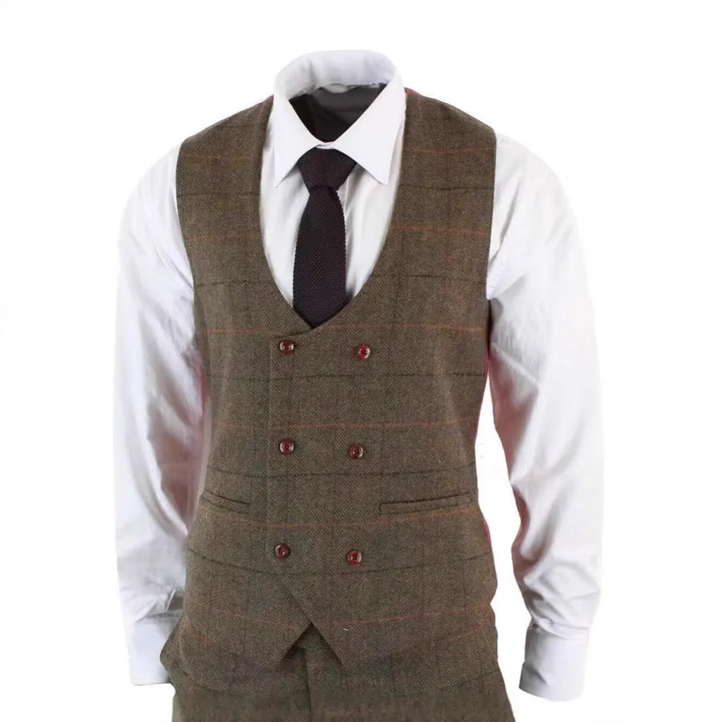 Brown plaid three-piece suit set with slim fit cotton blend coat, vest and pants, sizes XS to 6XL