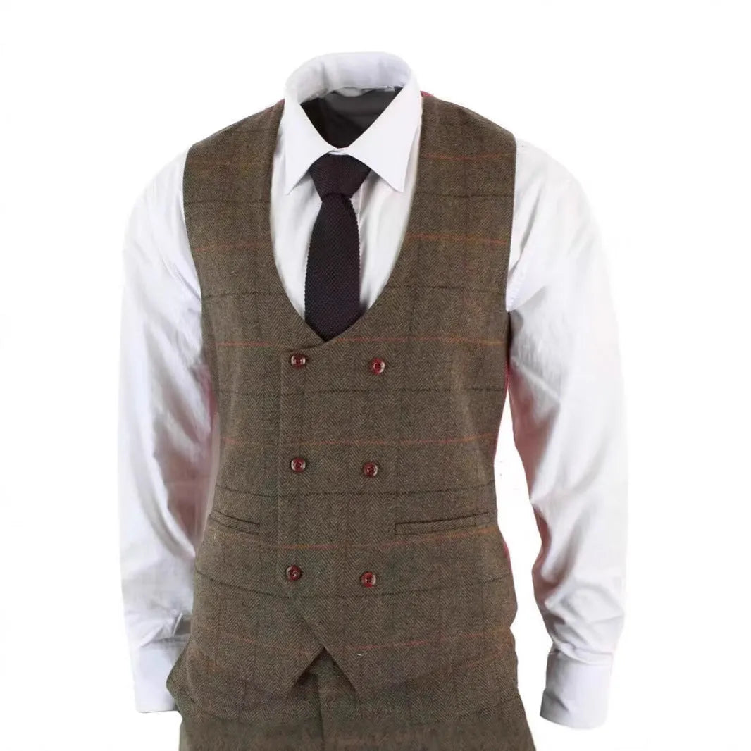Brown plaid three-piece suit set with slim fit cotton blend coat, vest and pants, sizes XS to 6XL