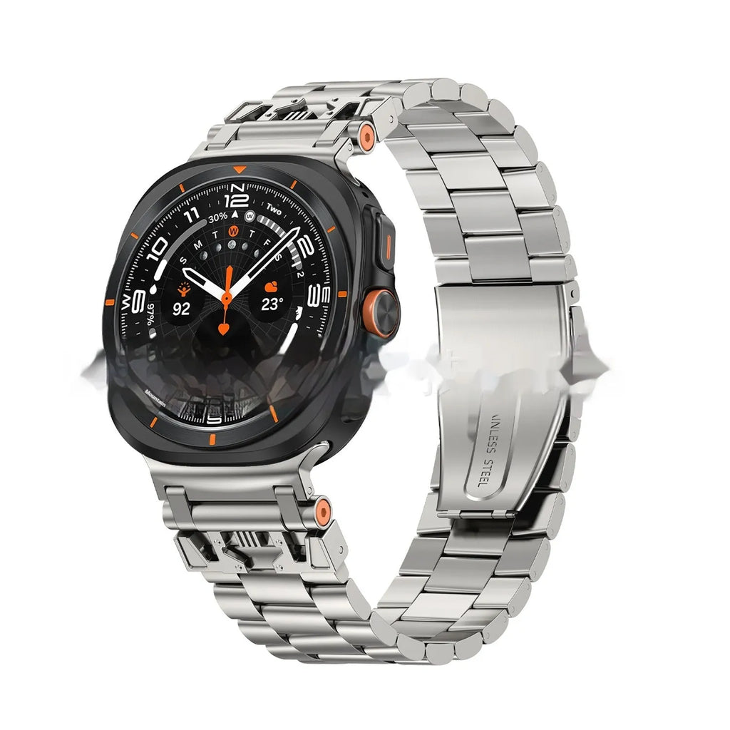 Three steel band armor metal watch strap for Samsung in Black, Silver, and Starlight colours