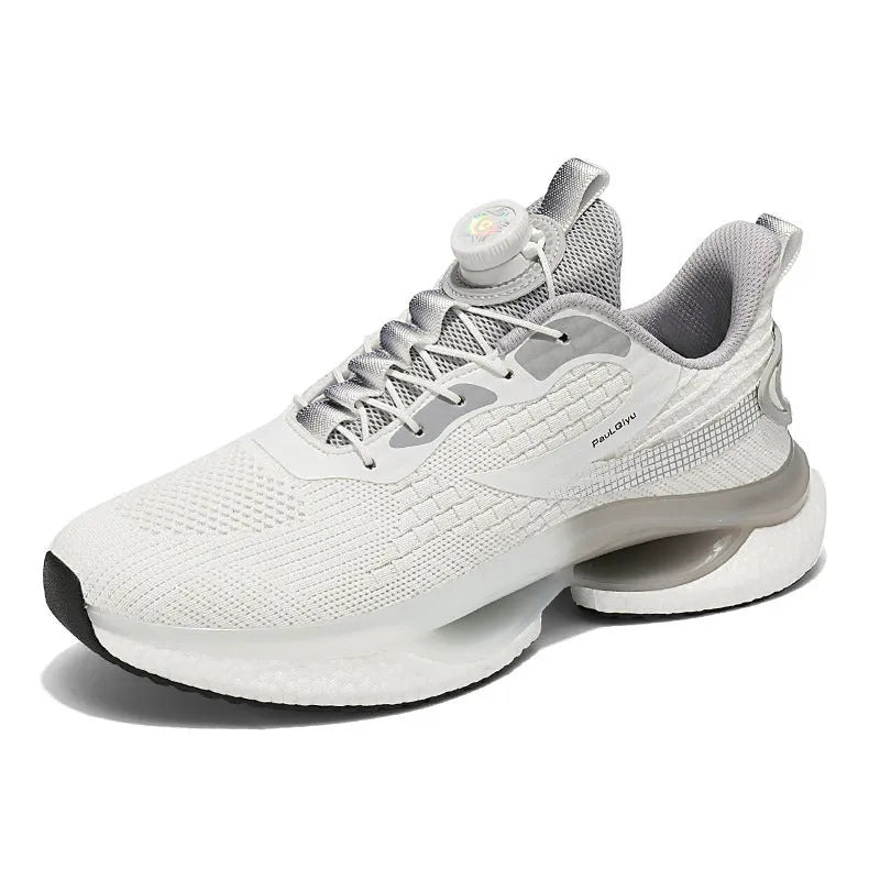 Men's white rotating button running shoes with mesh upper and buckle closure on a solid background.