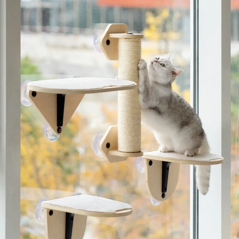 Cat scratch tree with sisal scratching rod, jumping platform and space capsule cat nest mounted on glass using suction cups