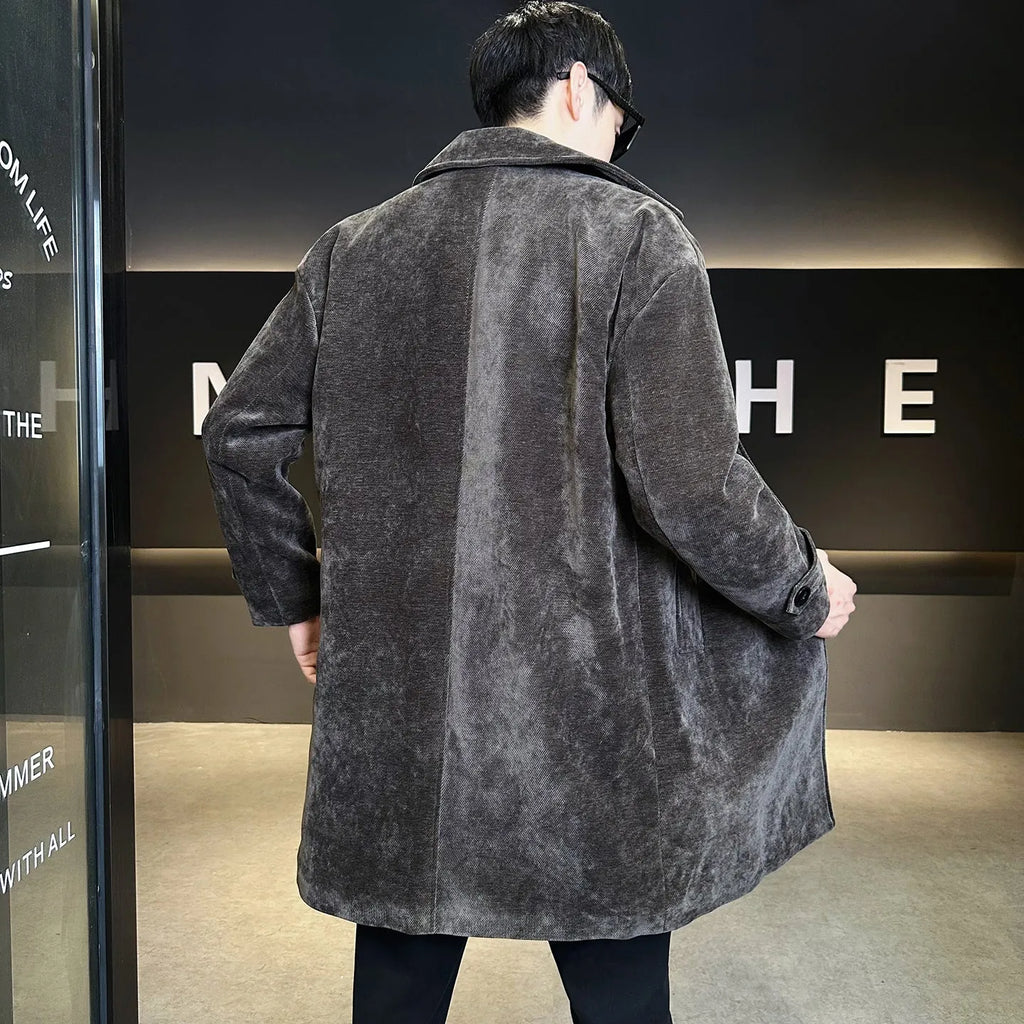 Long brown chenille cotton wool coat thickened windproof jacket with polyester lining, regular fit, front view