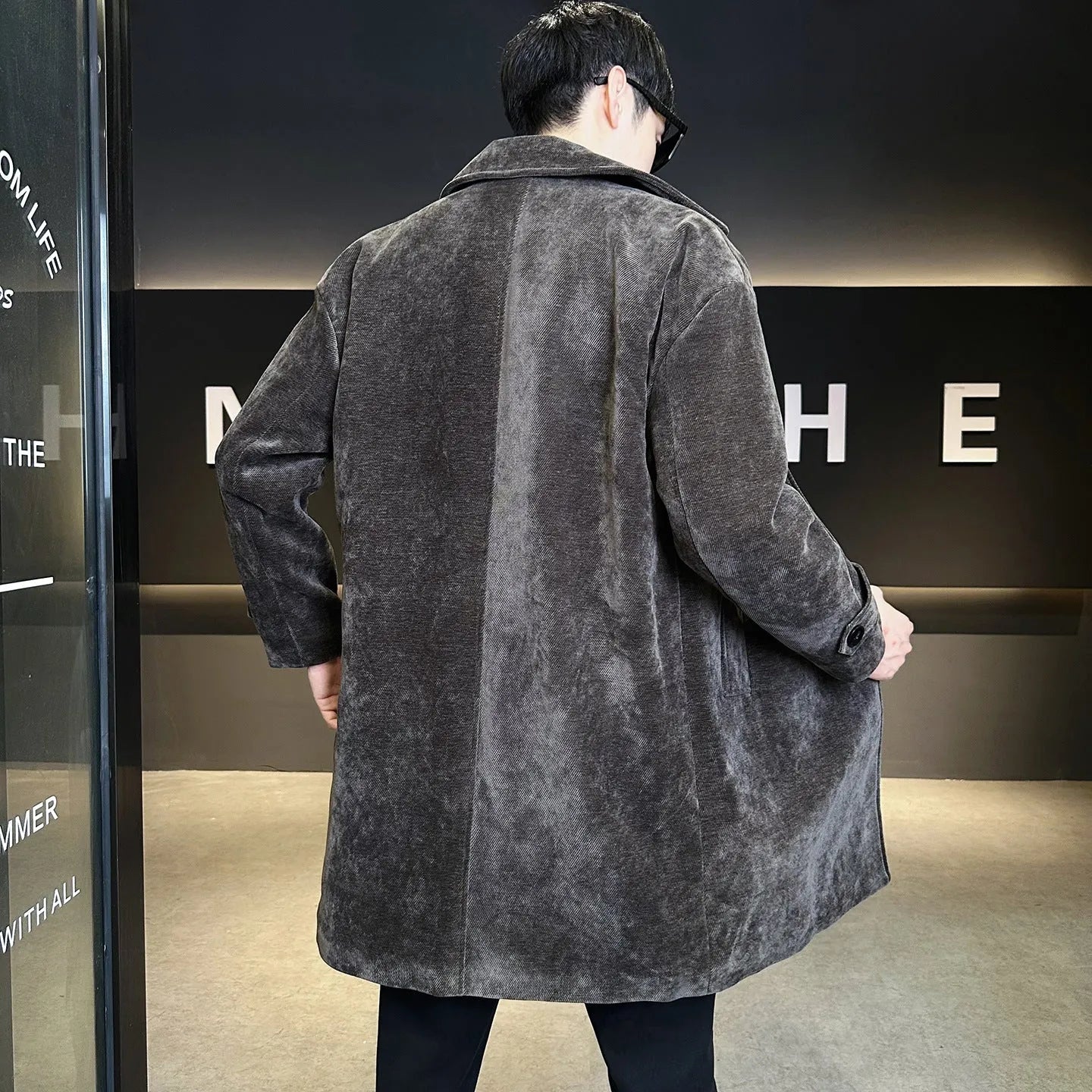 Long brown chenille cotton wool coat thickened windproof jacket with polyester lining, regular fit, front view