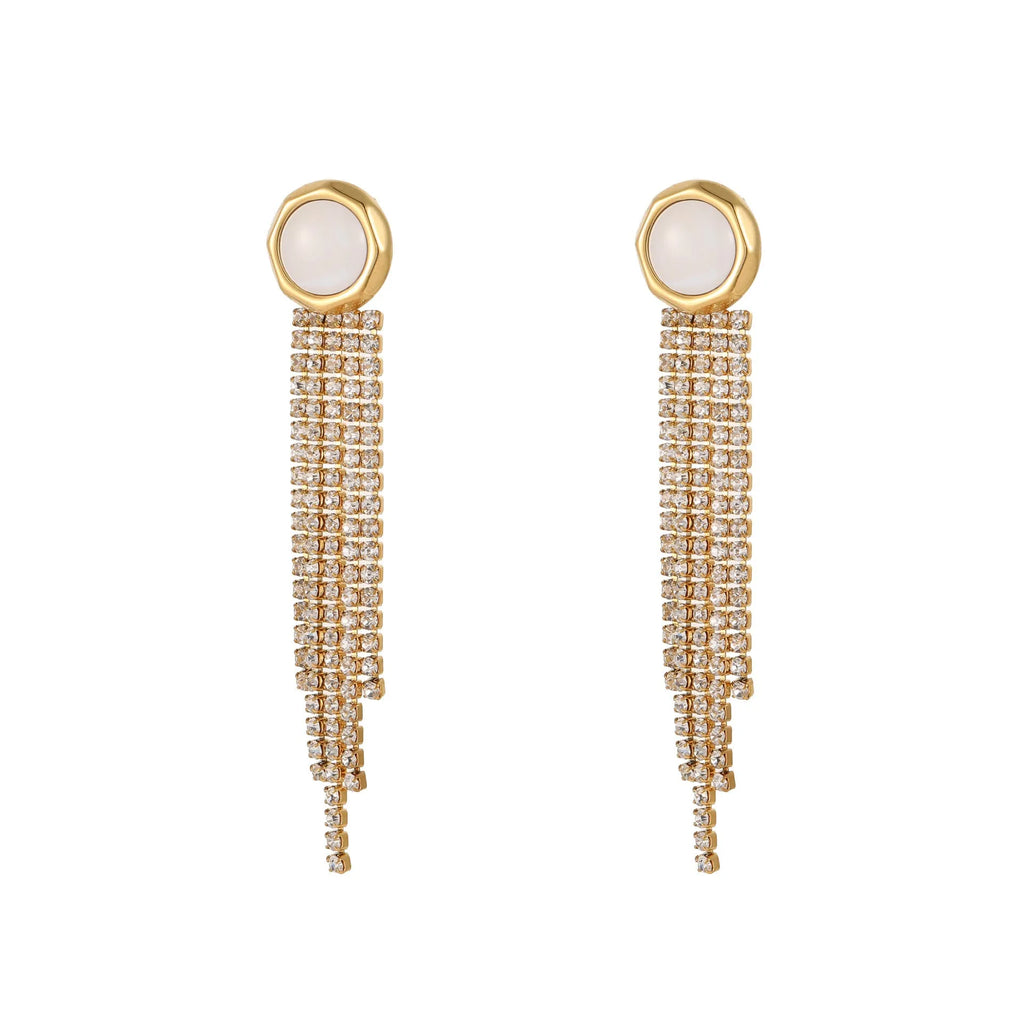 Gold electroplated stainless steel earrings with heart, star, and geometric shapes and a diamond tassel pendant.