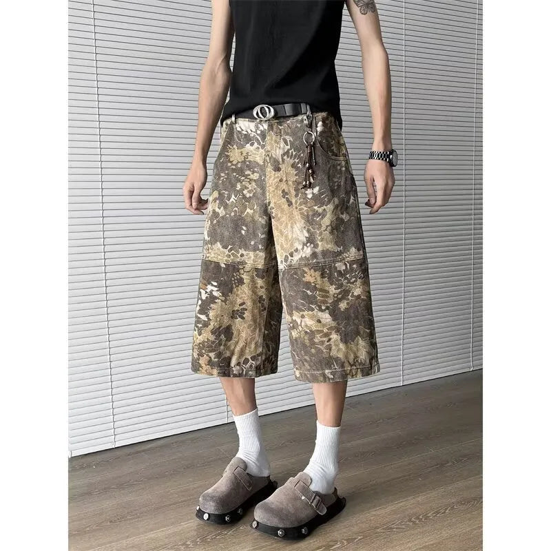 Yellow snake pattern camouflage cropped jeans in cotton denim fabric