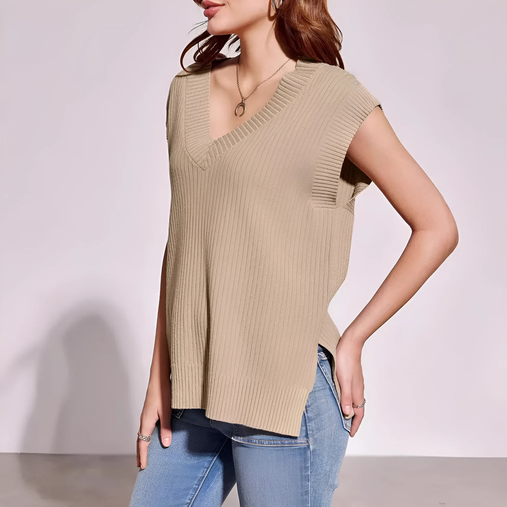 Women's V-neck sleeveless loose pullover vest in viscose fabric, shown in striped or plaid pattern