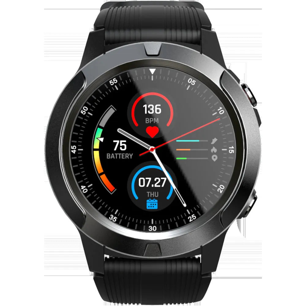 Black men's smart watch with 1.3-inch display showing heart rate data