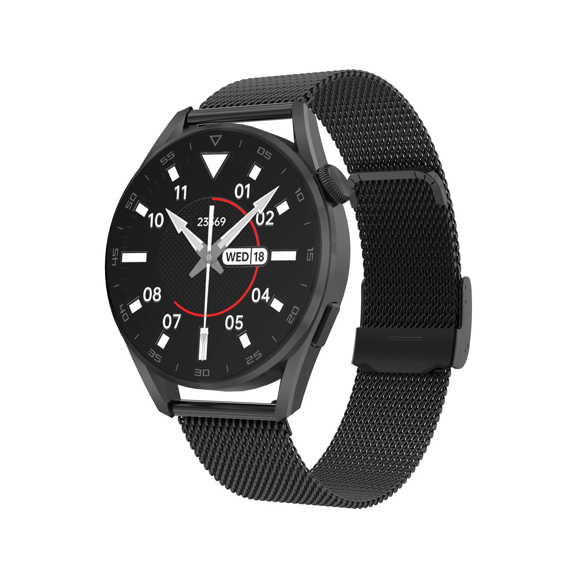 Smart watch with metal wristband and 1.3-inch touch screen displaying time and notifications