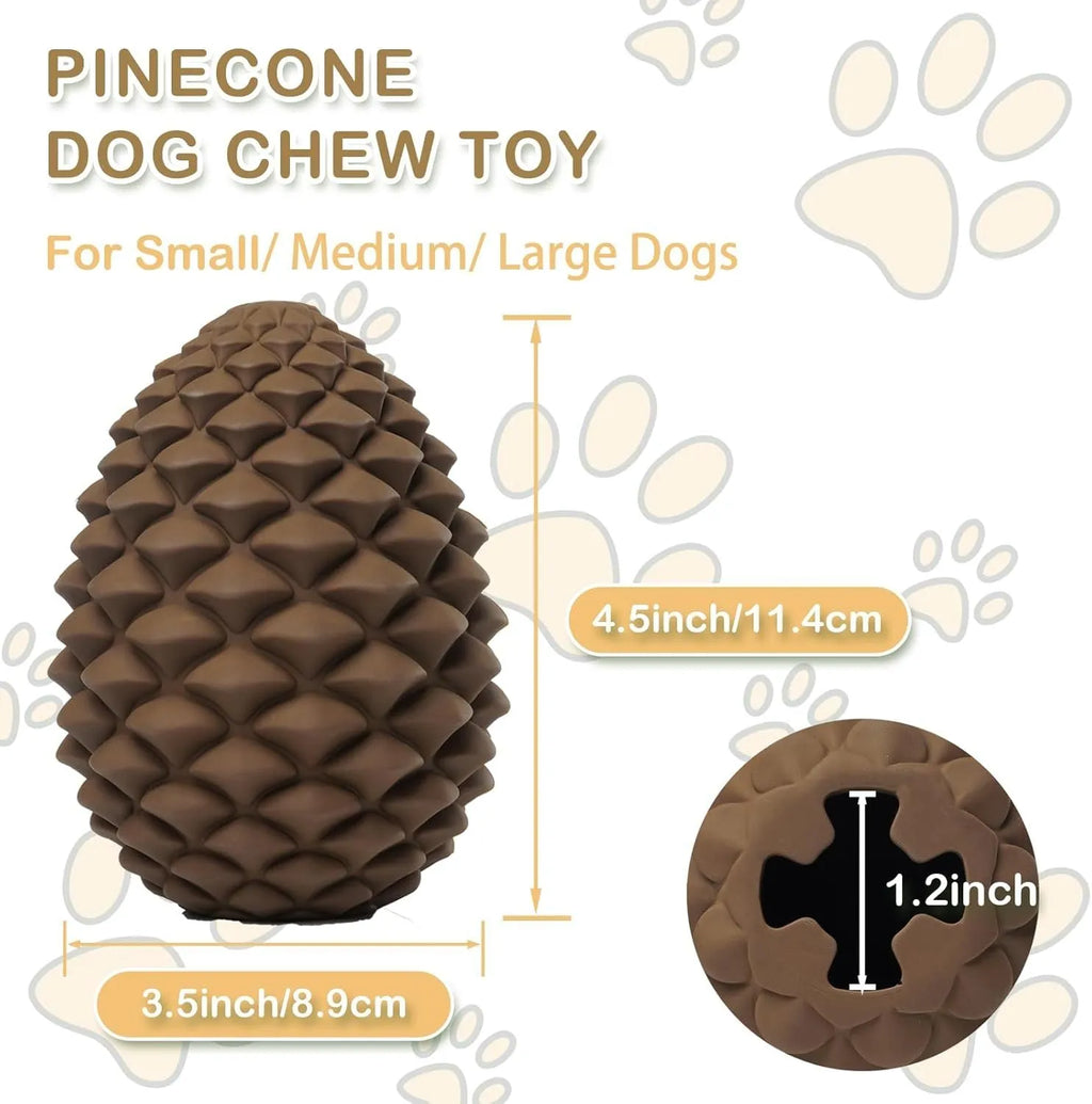 Yellow pine cone-shaped natural rubber dog chew toy with treat dispenser hole