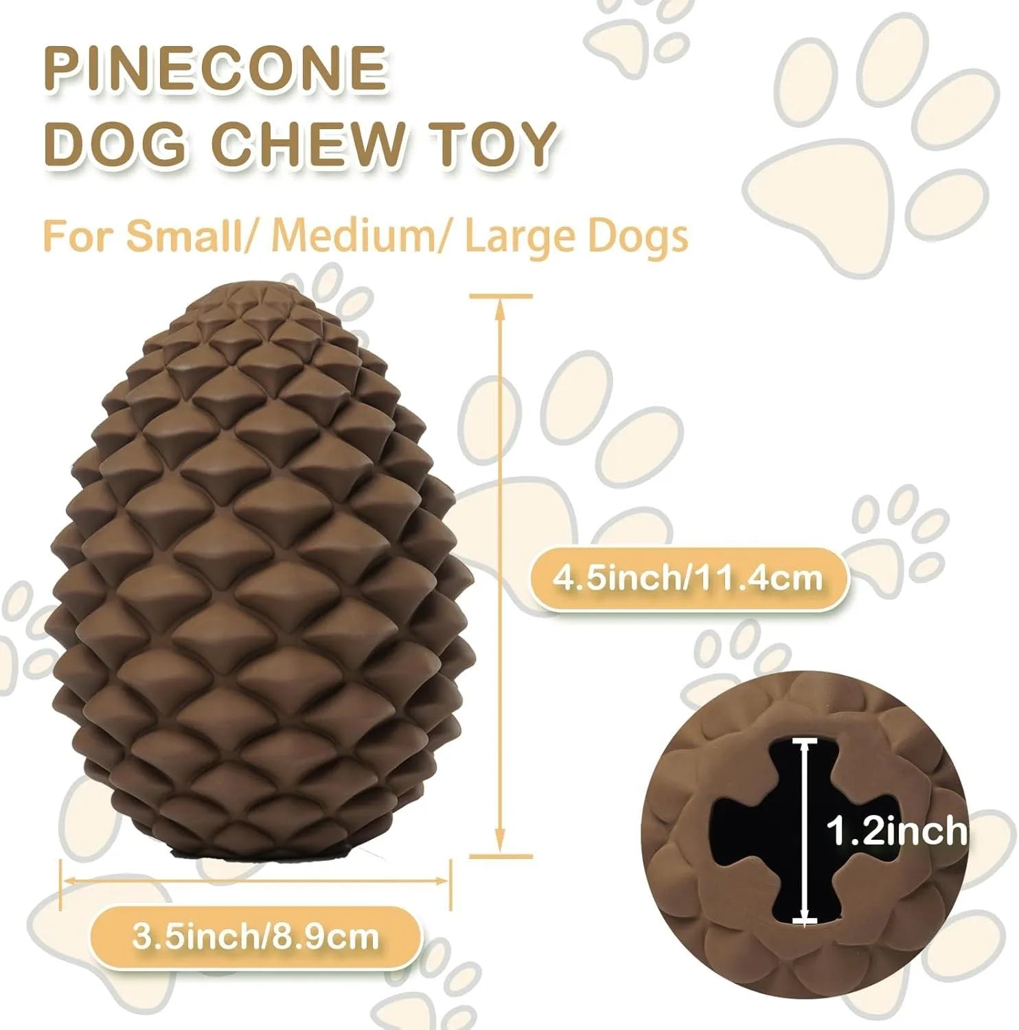 Yellow pine cone-shaped natural rubber dog chew toy with treat dispenser hole