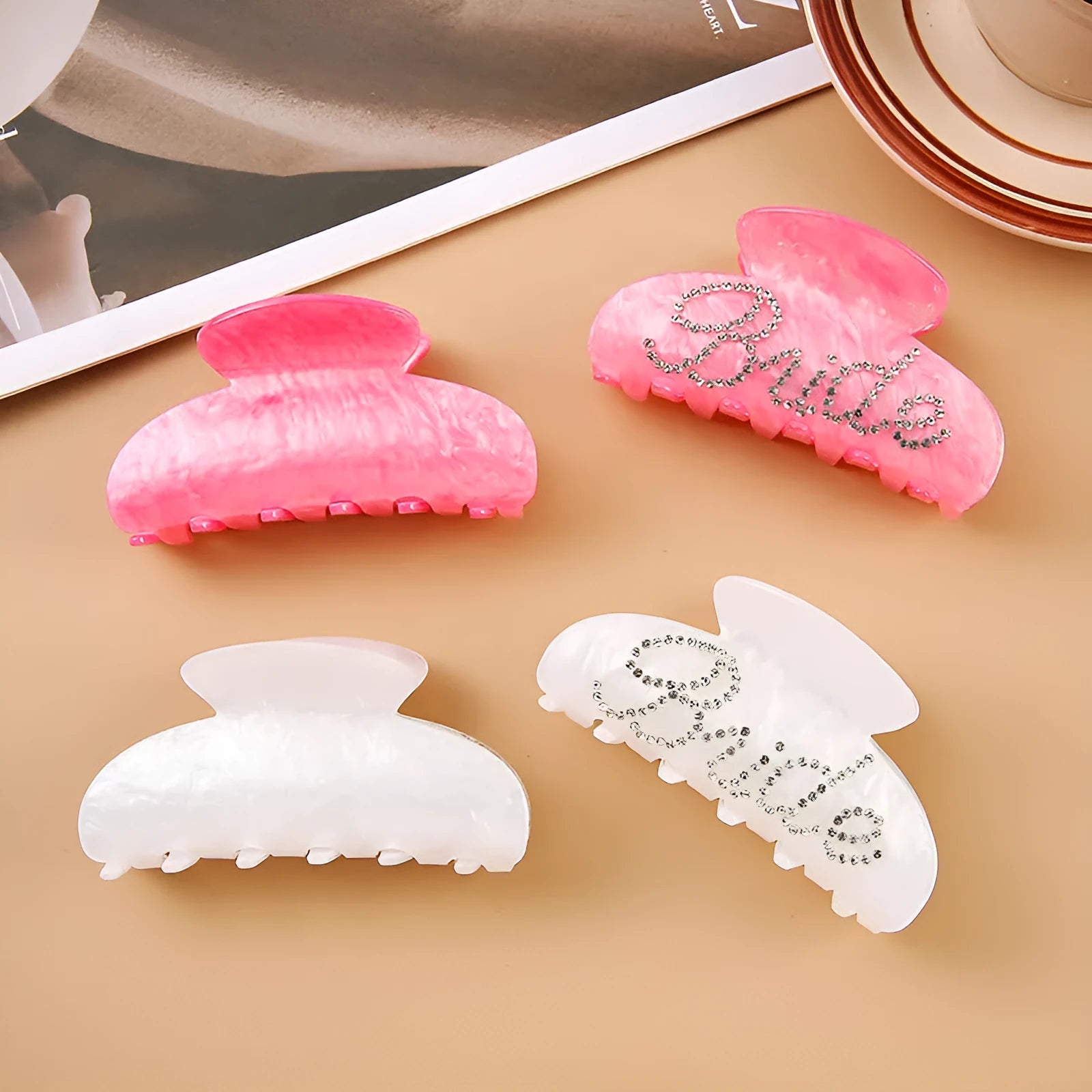 10cm pink and white acrylic barrettes with double-sided diamond sparkle and shower shark clip