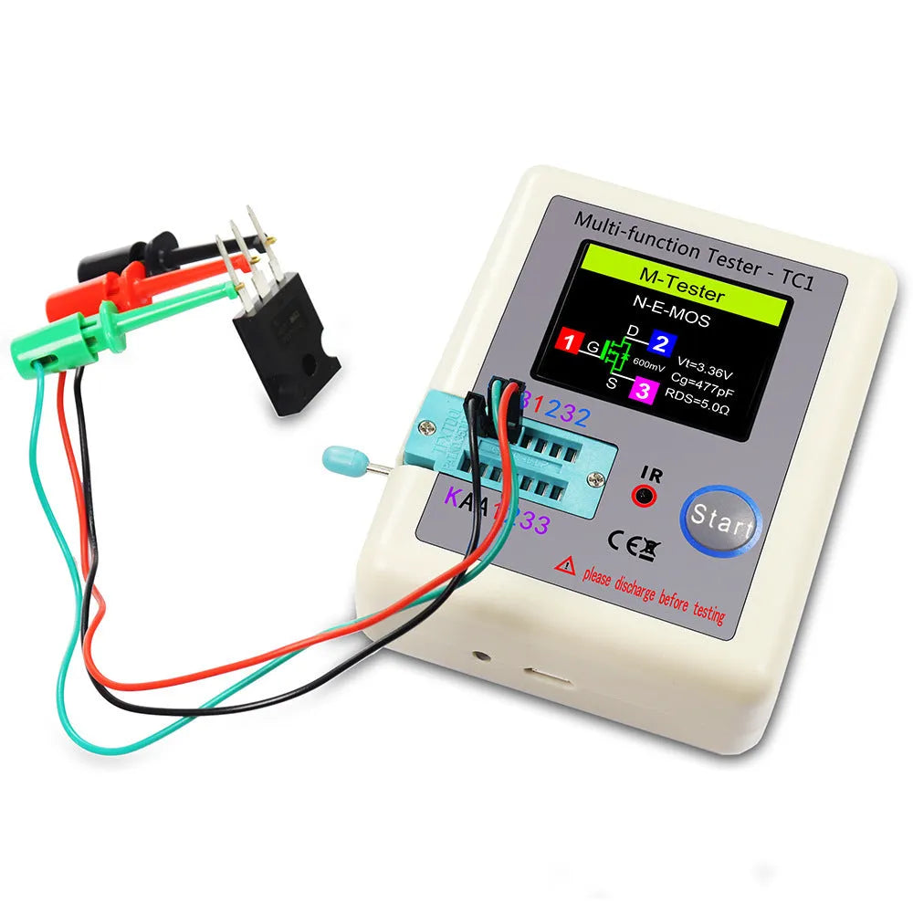 LCR-TC1 multi-function transistor tester with full colour screen showing component test results on portable 90x70x10mm device
