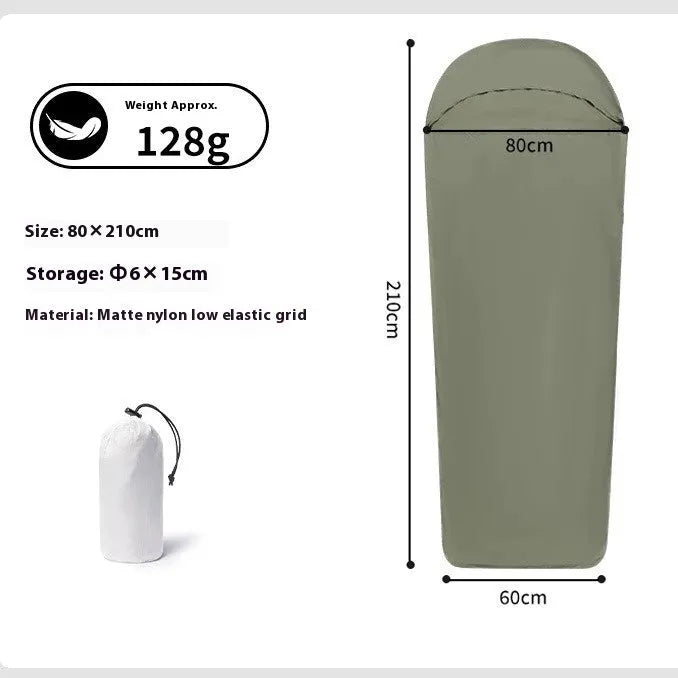 Blue lightweight nylon mummy sleeping bag for adult camping with dimensions 210x80x60cm