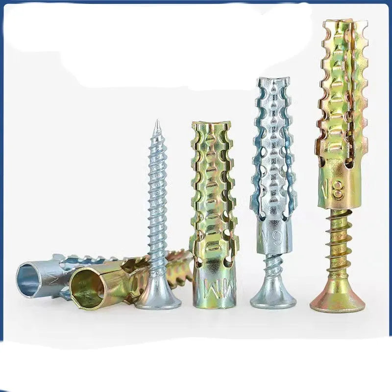 Metal expansion anchor with barbed serrated tube and screw for concrete and brick walls.