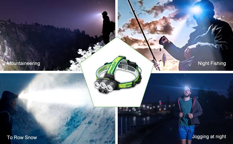 USB rechargeable outdoor headlight with 5 LED bulbs showing aluminium alloy construction and head strap