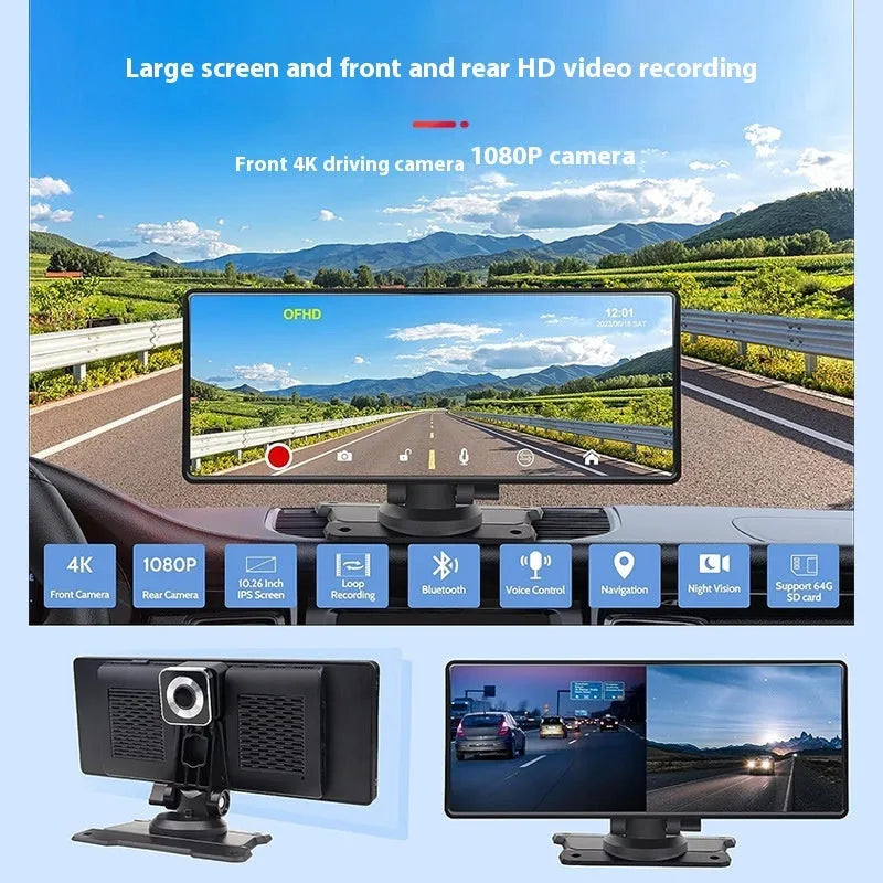 1026-inch car GPS navigator with dual camera touch screen Carplay front recording black PC PVC
