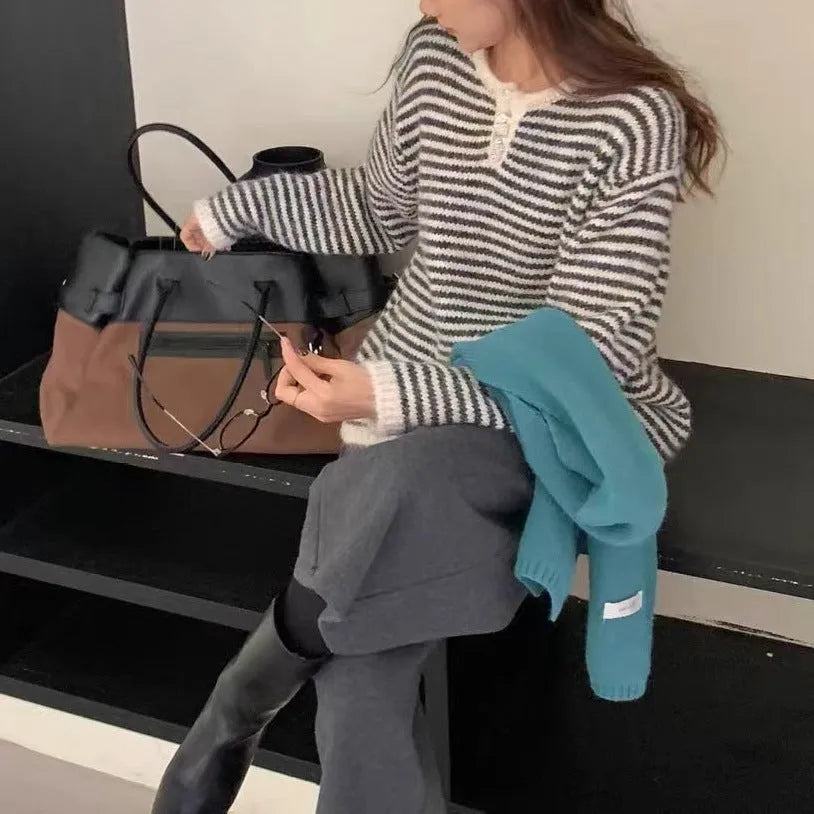 Women's red striped cashmere pullover sweater with loose fit and long sleeves