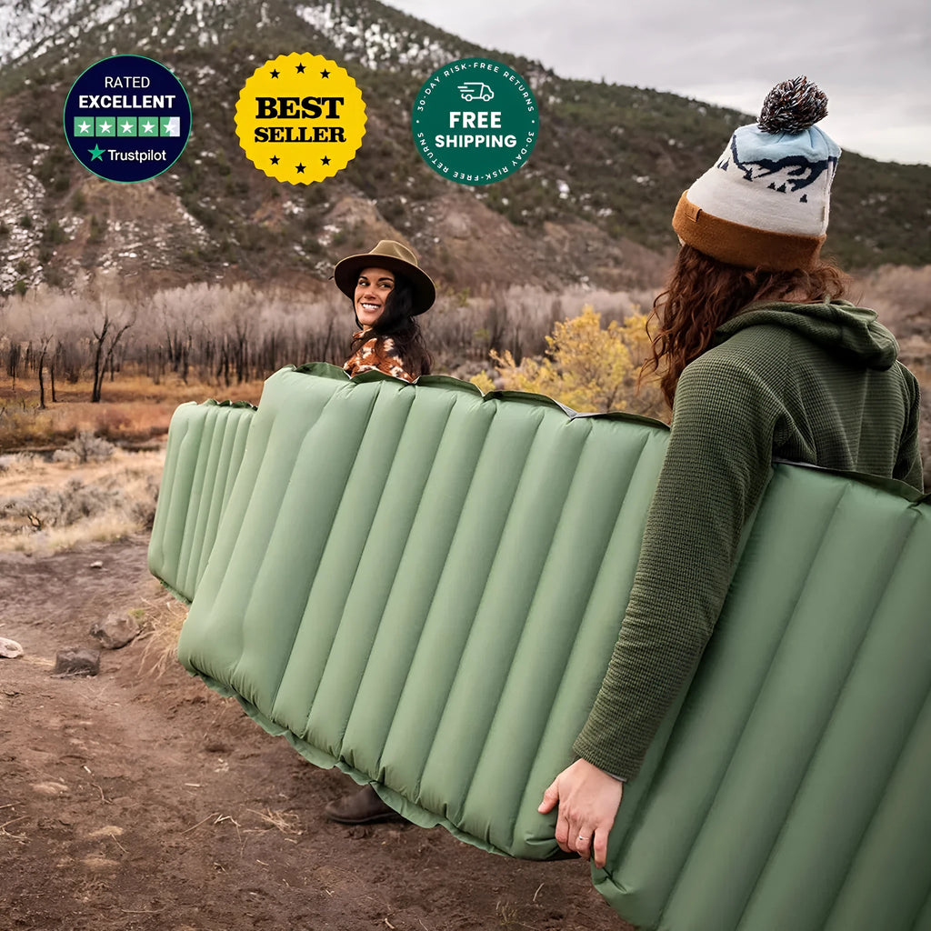Portable inflatable camping mattress expanded to 195cm × 70cm × 10cm dimensions in desert gray colour