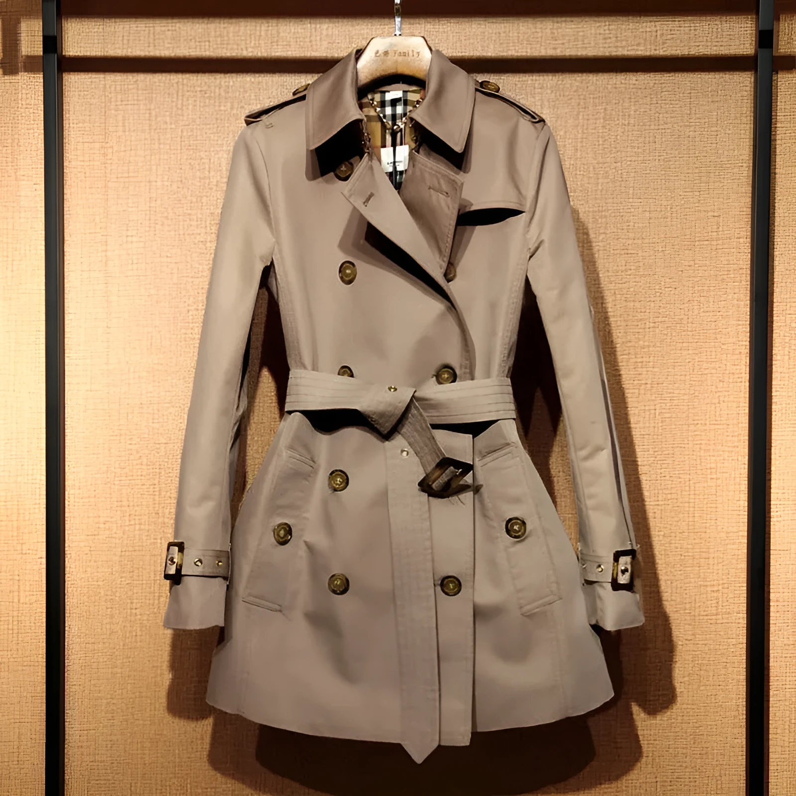 Khaki double-breasted polyester trench coat for women with flight sleeves on a hanger.