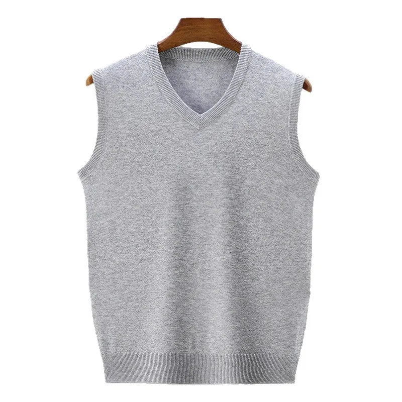 Men's acrylic blend knit vest sweater in camel colour, straight hem, regular fit, on model