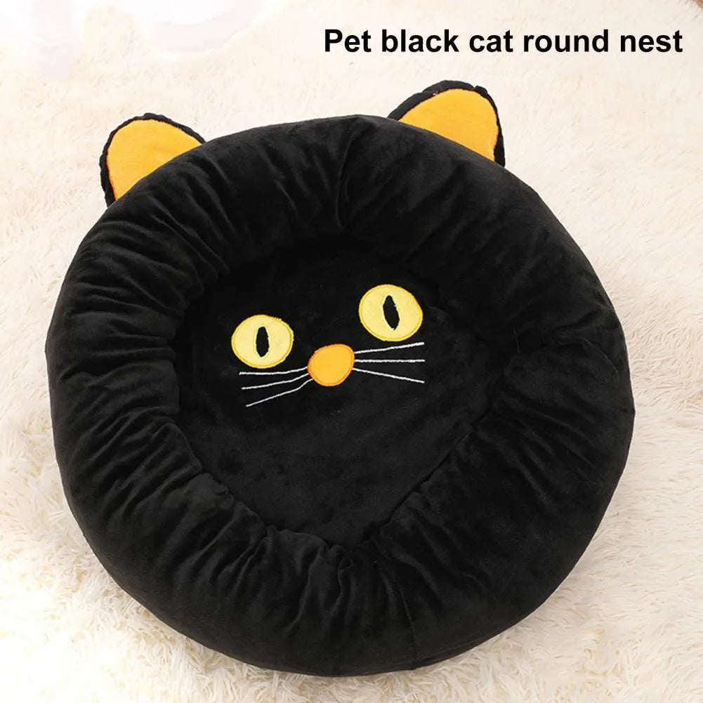 Black cat shape velvet pet nest bed with raised edges for cat head and neck support